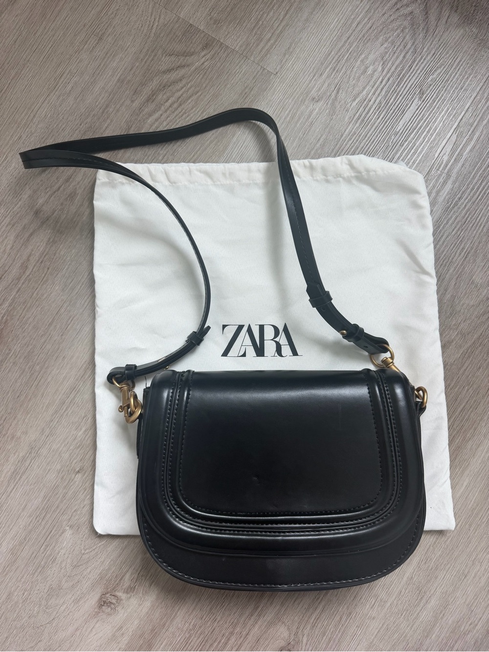 ZARA Black Leather Crossbody Saddle Bag with Gold Hardware